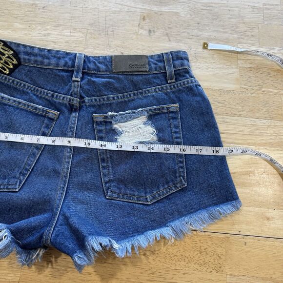 Carmar Denim Jeans Shorts 27 Blue Distressed Eagle Patch Frayed High Rise Y2k - Picture 10 of 13